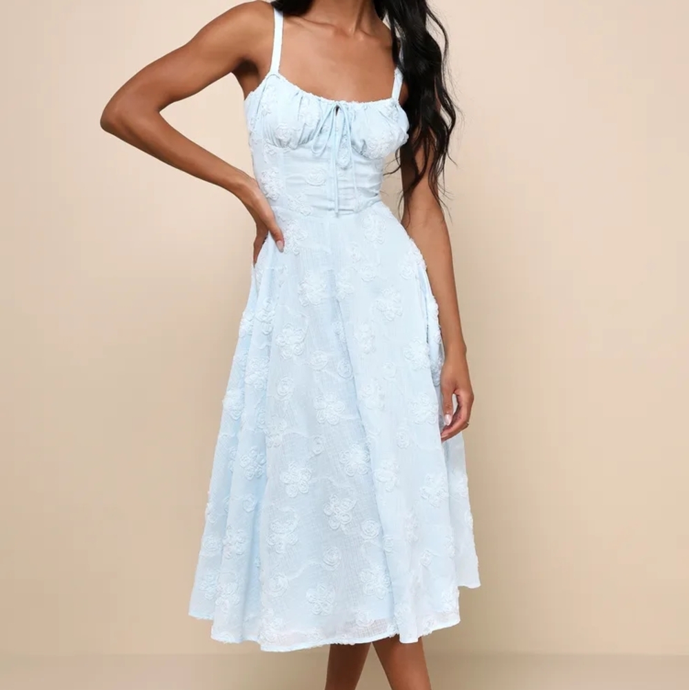 Lulu's Darling Confidence Light Blue Rosette Bustier Lace-Up Midi Dress NWOT